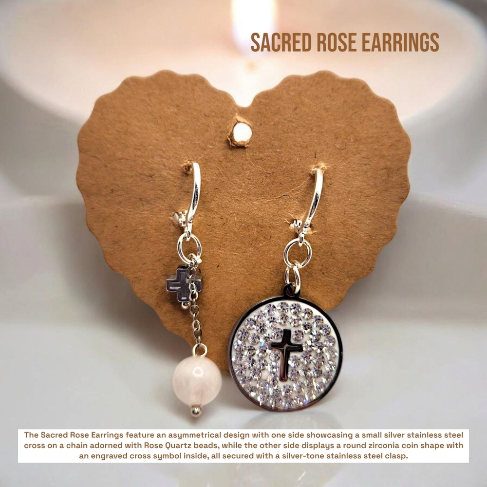 Rose Quartz Cross Asymmetrical earrings